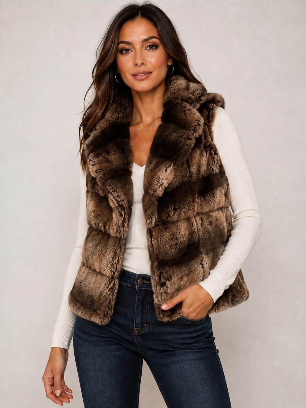 Alberto Makali Faux Fur Vest Women’s M Brown Taupe Layered Statement Luxury